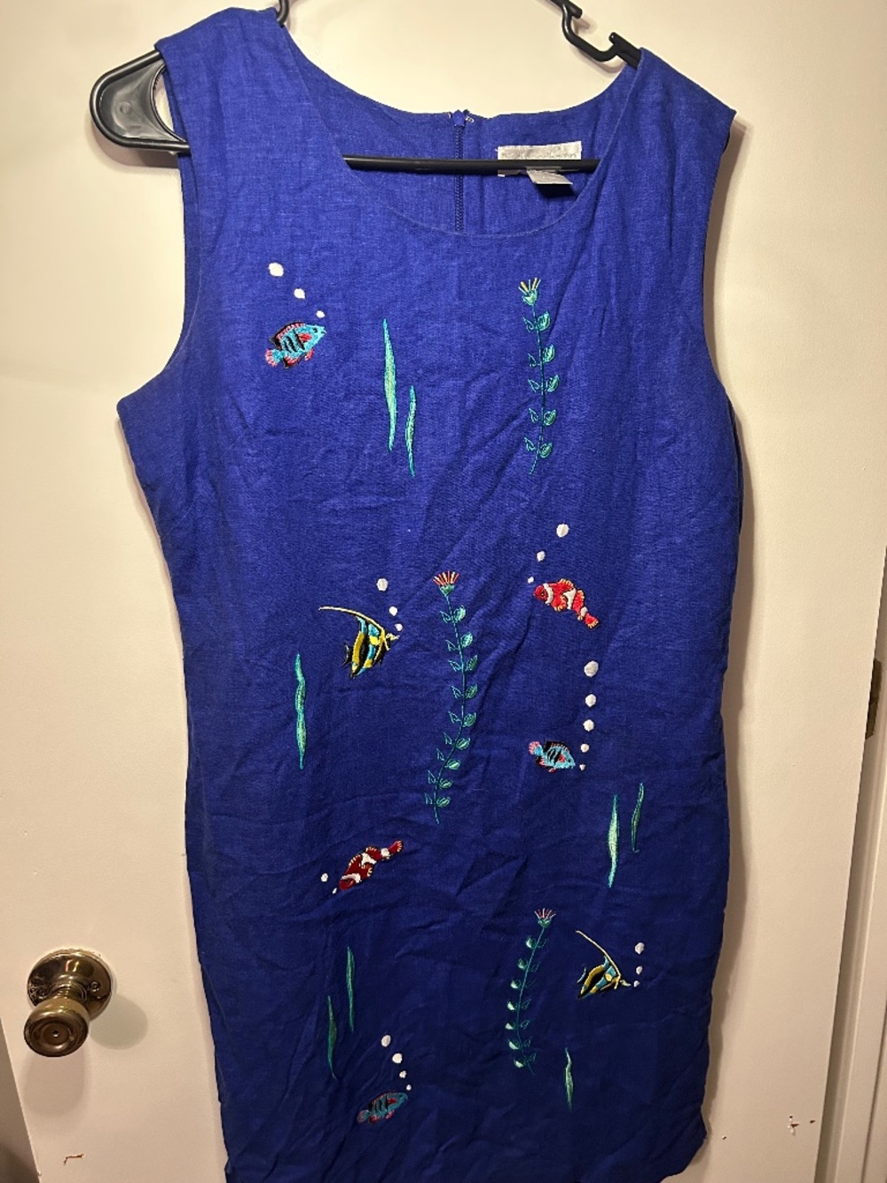 Dressbarn linen blend fish embroidery cobalt sheath dress size 12